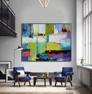 Handmade Extra Large Contemporary Painting, Huge Abstract Canvas Art, Original Artwork by Leo. Hand paint. white, blue, purple, green.,classic living room design