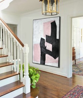Large Abstract Art, Hand Painted Aclylic Painting On Canvas Minimalist Art, Black White Pink.,large canvas for sale