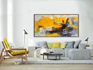 Palette Knife Painting, Original Horizontal Wall Art, Abstract Art Canvas Painting, Large Art. Yellow, gray - By Leo,mid century modern metal wall art