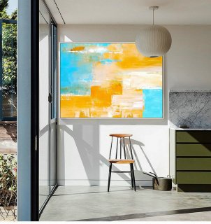 Original Abstract Canvas Wall Art, Super Texture Palette Abstract Oil Painting On Canvas, Light Blue Oil Painting, Orange Abstract Painting,small kitchen interior