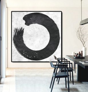 Original Abstract Painting Extra Large Canvas Art, Handmade Black White Acrylic MinimaIlst Painting.,large round canvas