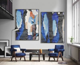 Set Of 2 Huge Contemporary Art Acrylic Painting On Canvas, Abstract Canvas Wall Art Home Decor, HANDMADE. Blue, black, orange, brown, beige.,modern cornish artists