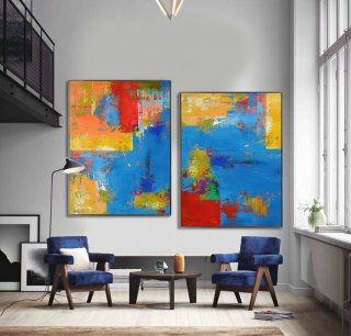 Set Of 2 Large Contemporary Painting, Abstract Canvas Art Original Artwork, Hand paint. Blue, red, yellow, orange - By Leo,tamatina canvas paintings