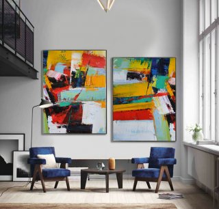 Set Of 2 Large Contemporary Painting, Abstract Canvas Art, Original Artwork, Blue, red, yellow, orange, green - By Leo,super large wall art