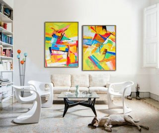 Set Of 2 Large Contemporary Painting, Original Artwork, Hand paint. Red, yellow, green, blue, purple - By Leo,large canvas paintings near me