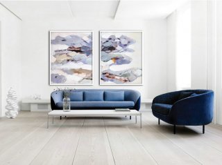 Set Of 2 Large Contemporary Painting, Abstract Canvas Art, Original Artwork by Biao, Blue, gray, brown, violet.,panoramic abstract canvas art