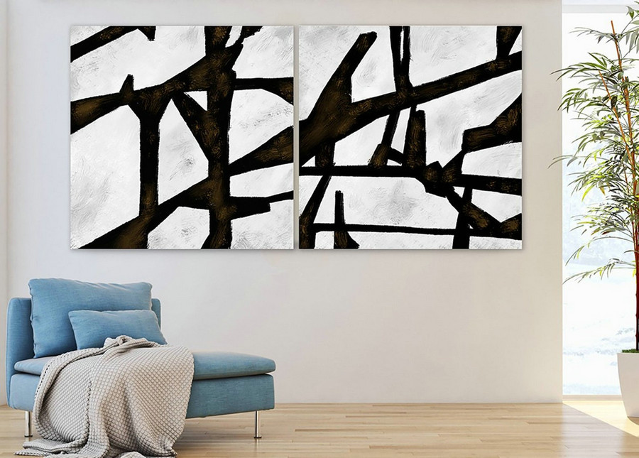 Set of 2,Extra Large Minimal Abstract Art,Black and White